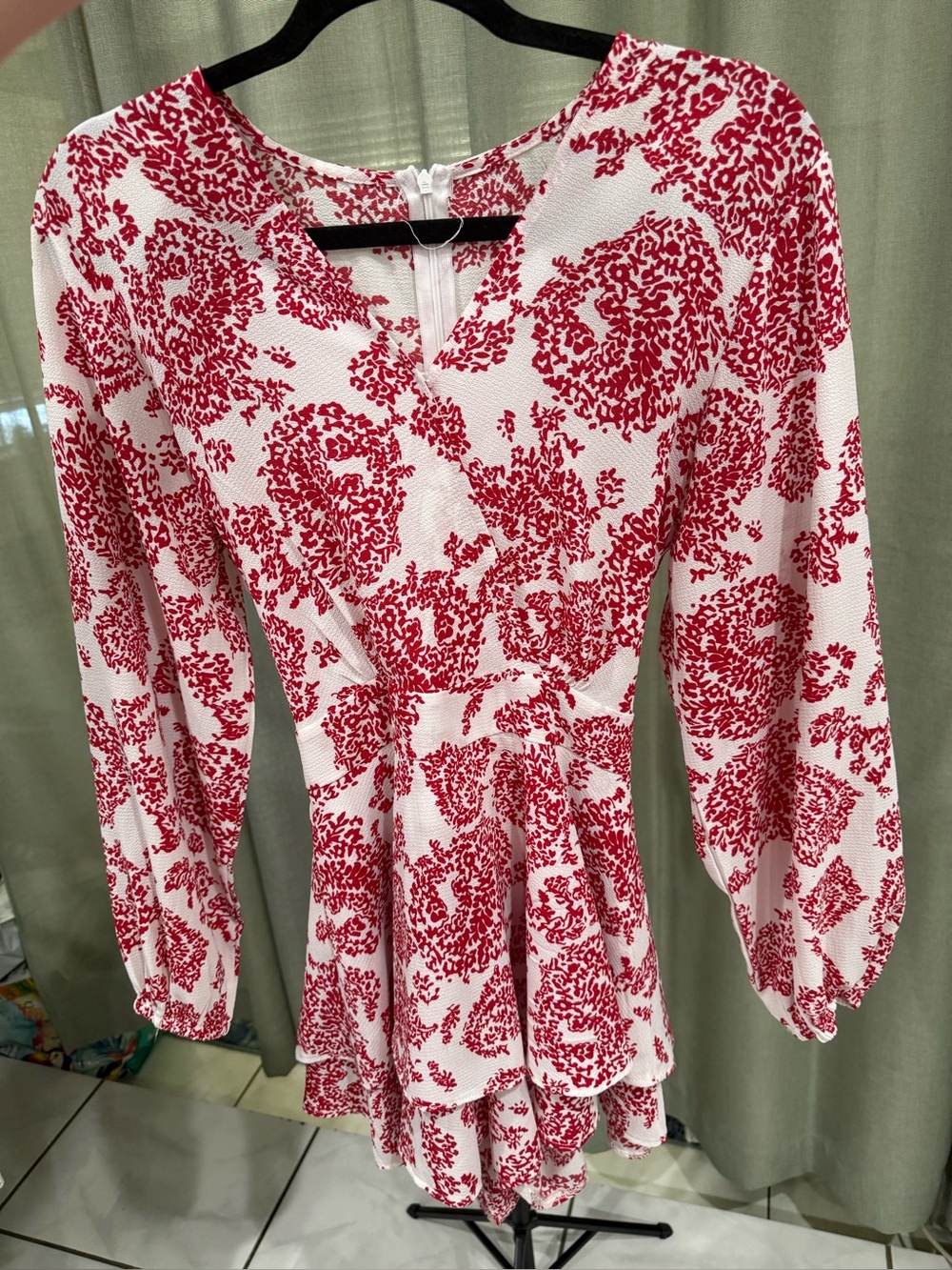 Red and White Floral Print Tiered Long Sleeve Romper